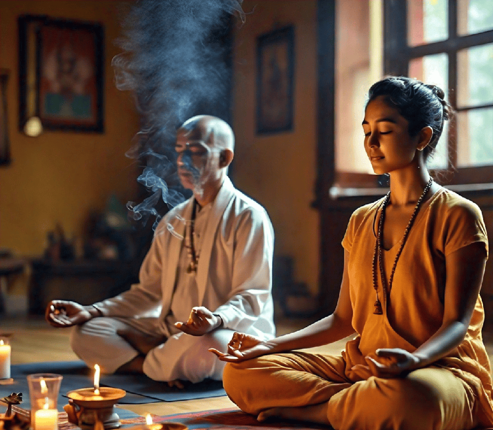 A serene setting of a person meditating with a Rudraksha mala, emphasizing tranquility and focus